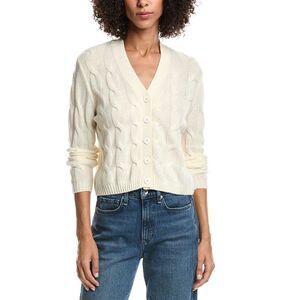 Forte Cashmere Womens  Wool & Cashmere-Blend Cable V-Neck Cardigan, White